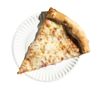 Slice of Ian's Classic Cheese pizza on a paper plate