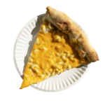 Slice of Ian's Mac n' Cheese pizza on a paper plate
