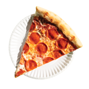 Slice of Classic Pepperoni pizza on a paper plate