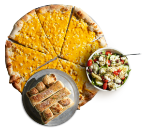 Mac and Cheese Pizza salad and breadsticks