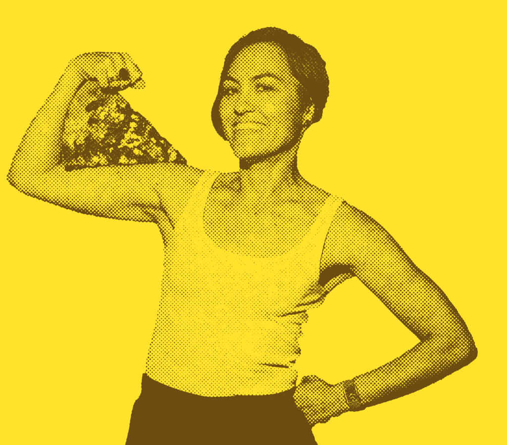 Woman flexing with pizza slice