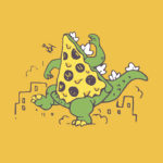 Drawing of a dinosaur pizza slice stomping through a skyline