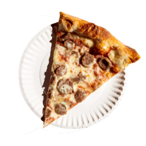 Slice of Classic Sausage pizza on a white paper plate